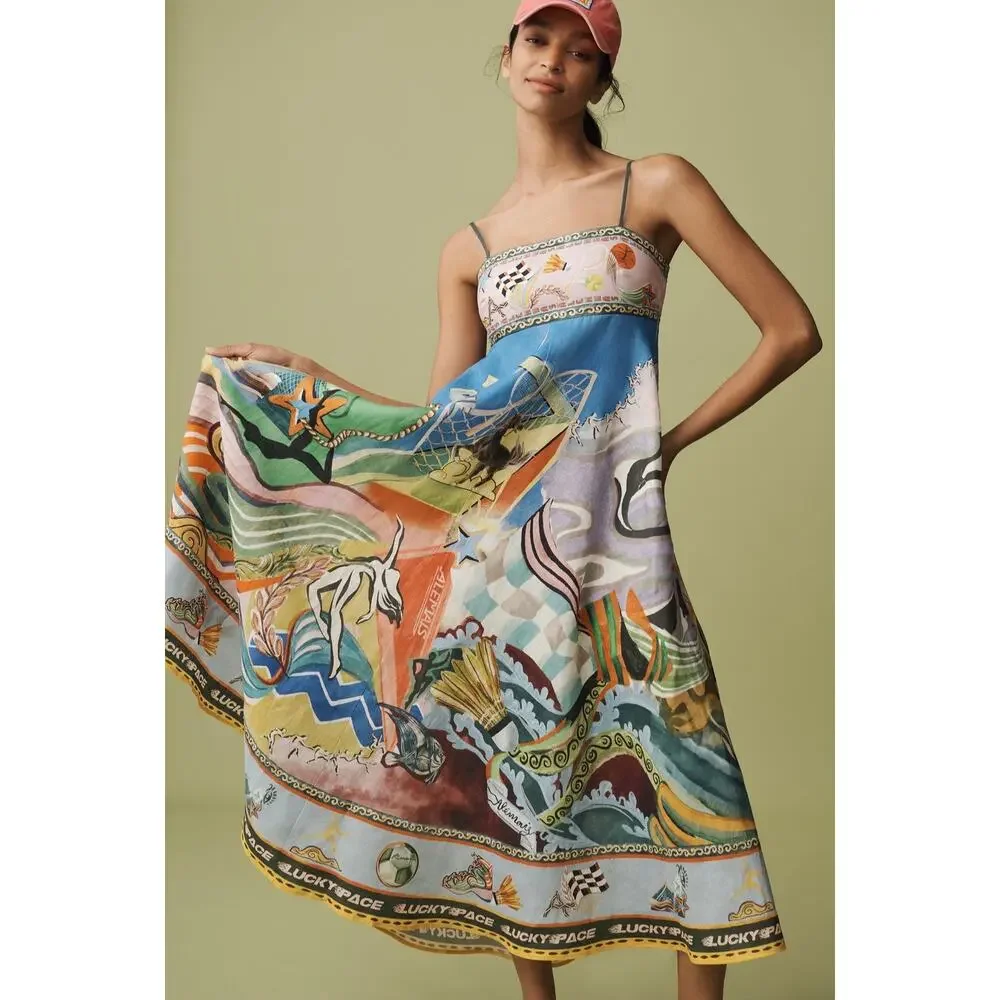 ALEMAIS Lucky Pace Shirred Linen Midi Sun Dress Multicolor Sports Print XS